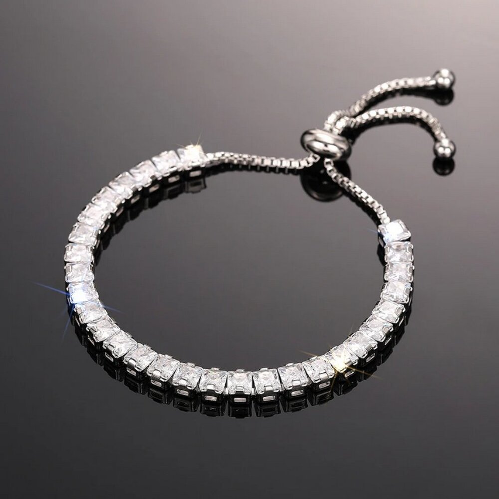 18K White Gold 2ct Square Diamond Bracelet Womens Adjustable Tennis Jewelry NEW